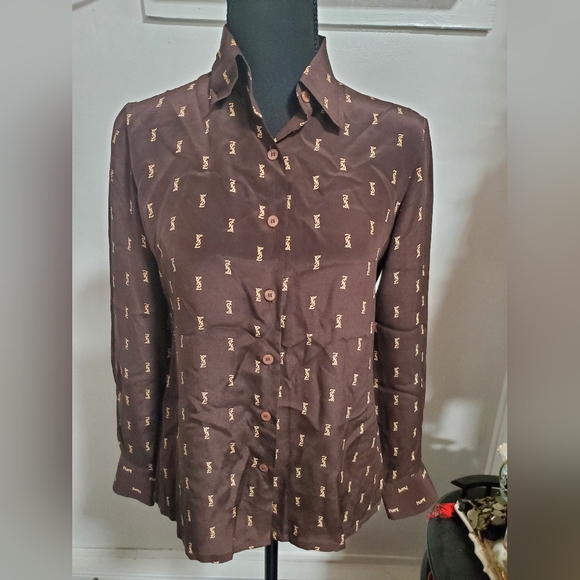 Vintage Yves Saint Laurent YSL Brown Silk Logo Long Sleeve Button Up Blouse sz12 - Picture 6 of 8